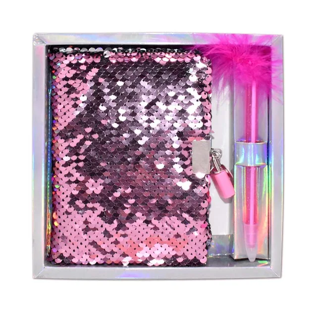 Padlock Sequin Notebook with fuffy pen