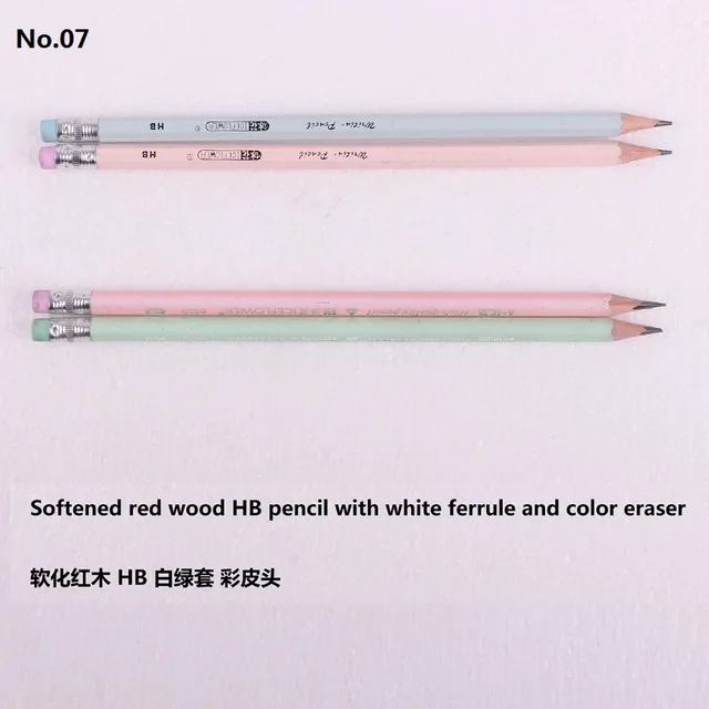 Softened red wood HB pencil White ferrule Color eraser