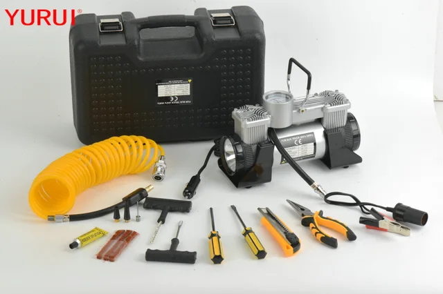 Dual head tire pump with plastic box and tools Car air compressor tire inflator DC12v portble Metal air pump