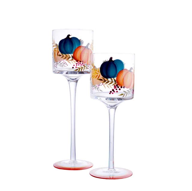 Halloween indoor long stem candlestick, pumpkin decal candle holder