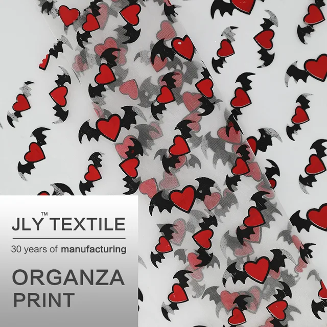 JLY Organza Fabric, Heart Pattern Print Red For Wedding Party Gift Decorations