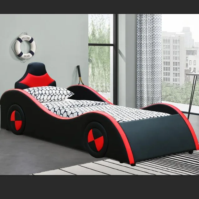 Excellent S-shape Super Racing Car Style PU Leather Upholstery Kid Bed with Black&Red Match Color for Factory Price