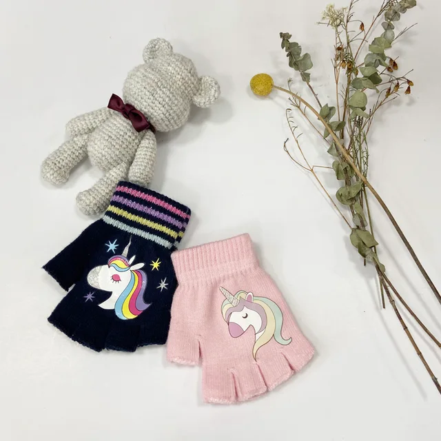 Girls' Print Knitted Half Finger Glove colorful winter warm soft fashion gloves