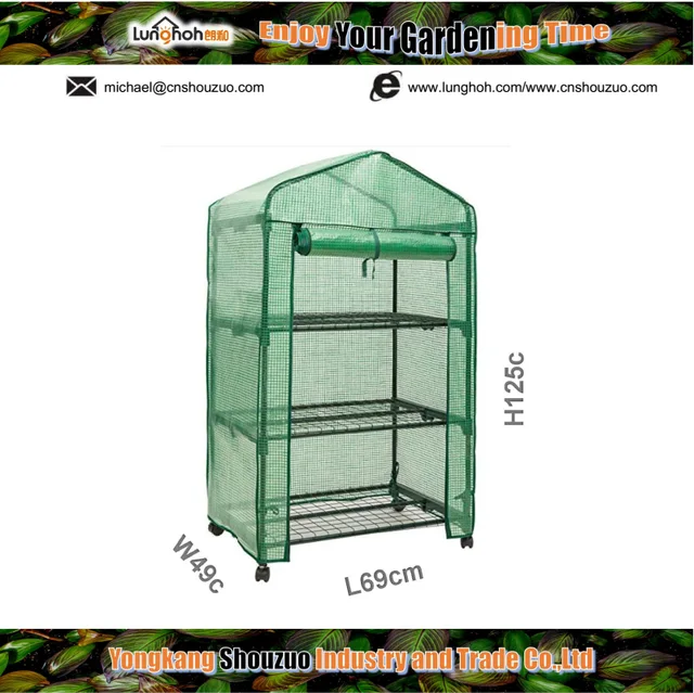 Portable Mini Garden Greenhouse with 3 wire shelves and 4 wheels