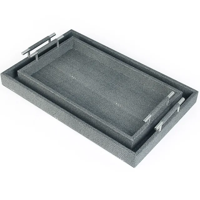 Shagreen leather serving tray with metal handle