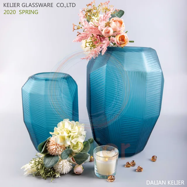 Handmade blue carved glass vase