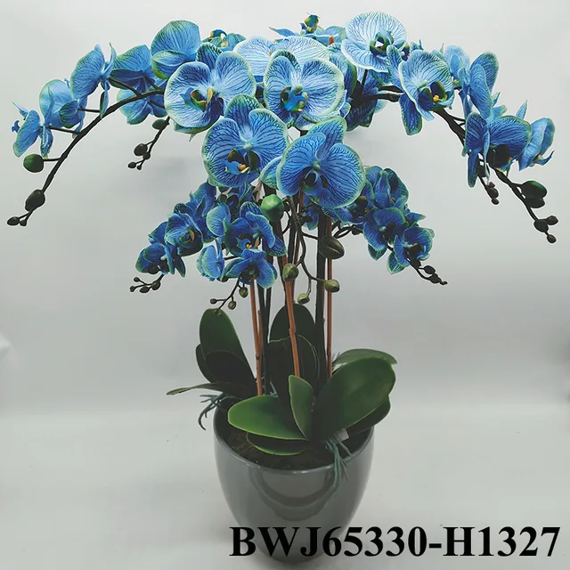 Artificial real touch orchids blue color for decoration with ceramic base