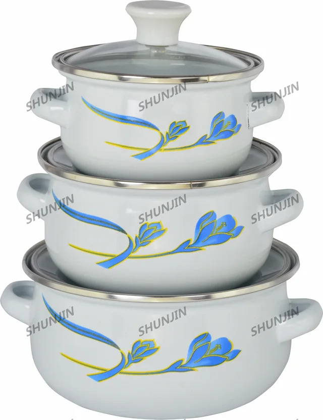 3pcs Mini Pot w/Glass cover & Enamel Handle Decorated light color