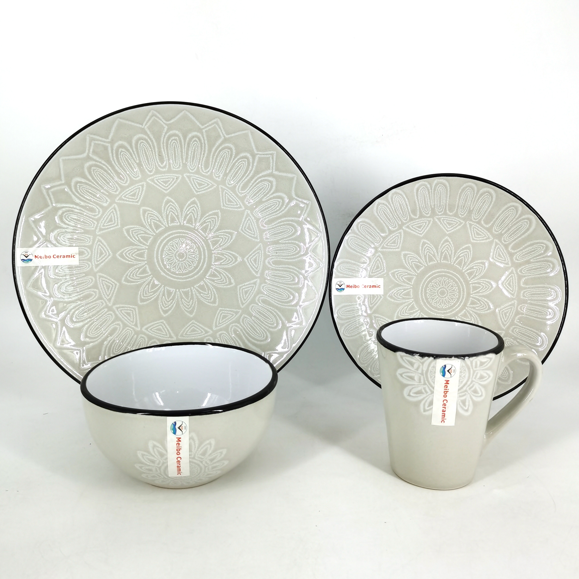 Light gray stoneware embossed reactive 16pc dinner set