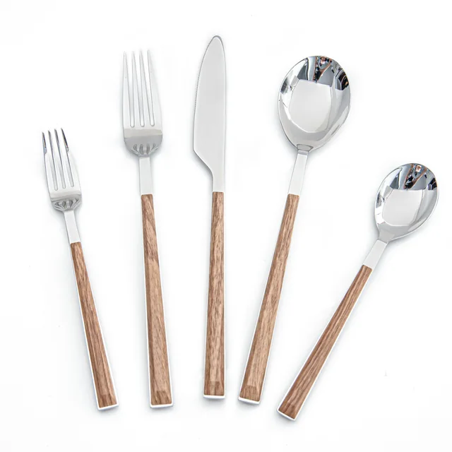 Stainless steel cutlery set with wooden plastic handle