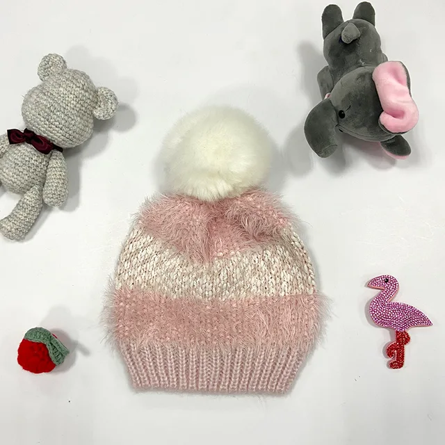 Girls Eyelash Stripe Beanie Hat With Soft Warm Faux Fur