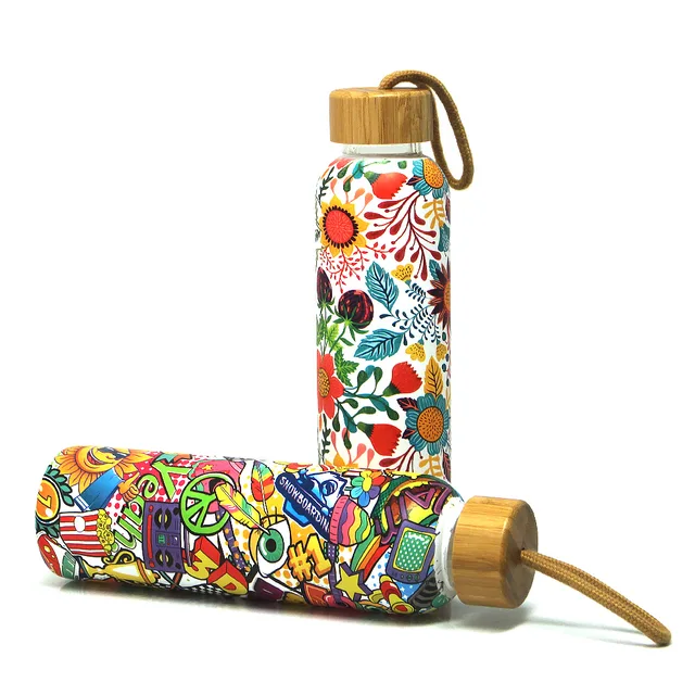 Full pattern design water bottle with bamboo lid