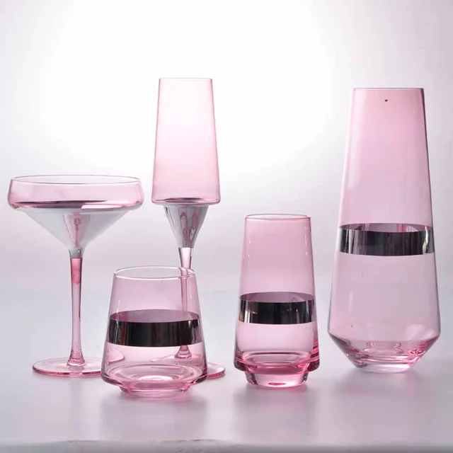 New design pink glass wine set, color glass water cup
