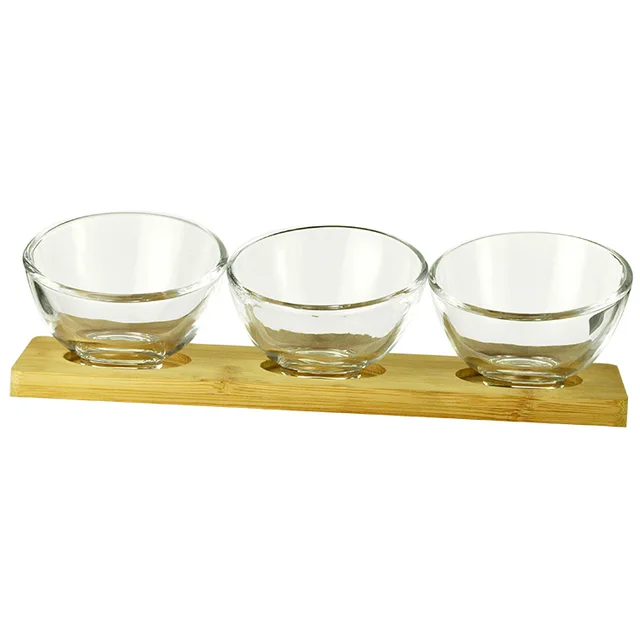 Serving set,set of 4PCS,3 glass bowls,1 bamboo tray