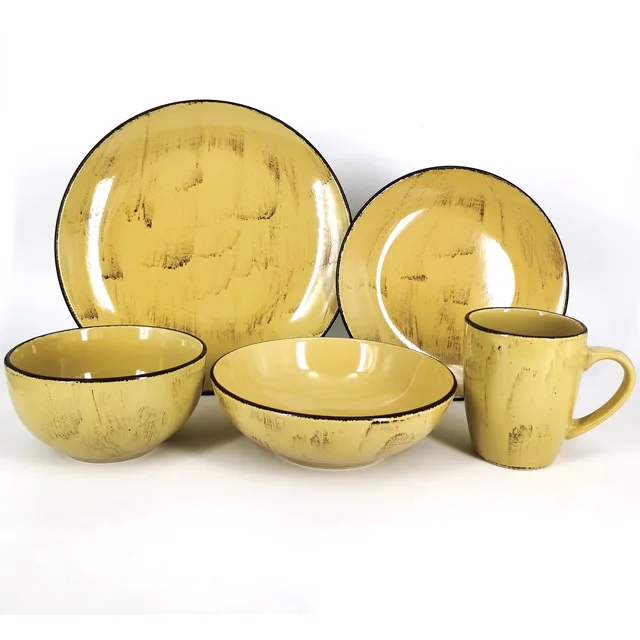 Stoneware solid color glazed yellow 16pcs dinner set with hand brush