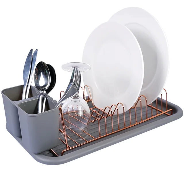 Small Kitchen Plate Drainer Dish Drying Wire Rack with Removable Cutlery Holder & Tray