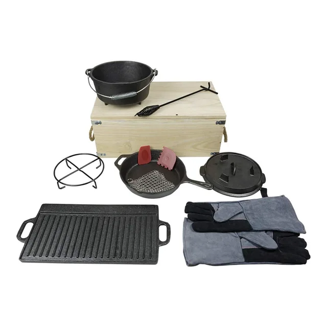 Cast iron camping dutch oven set with wood box