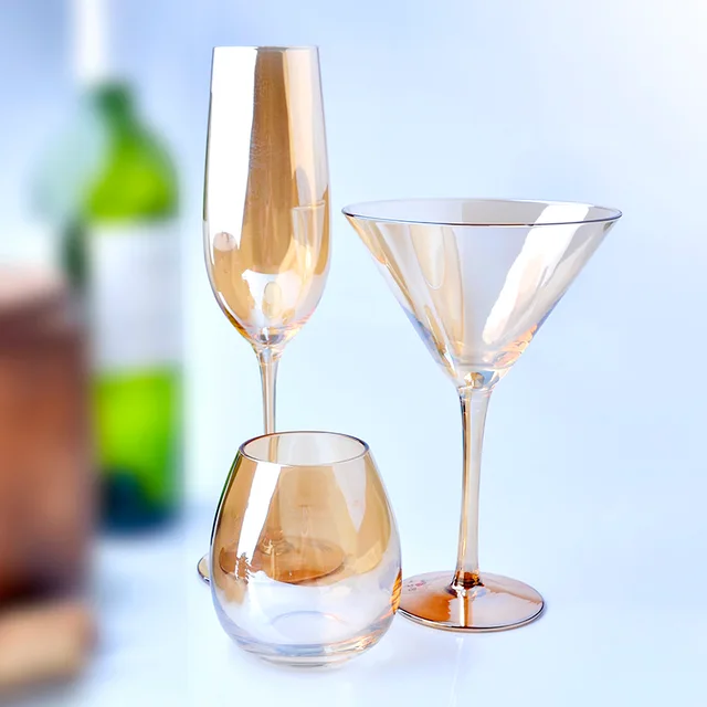Set 3 Crystal Drinkware with Electroplate light champange color