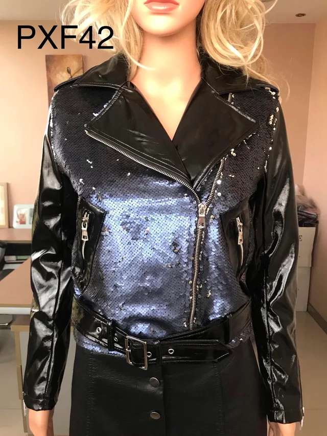 Ladies Print Embroider With Sequins Pu Jacket