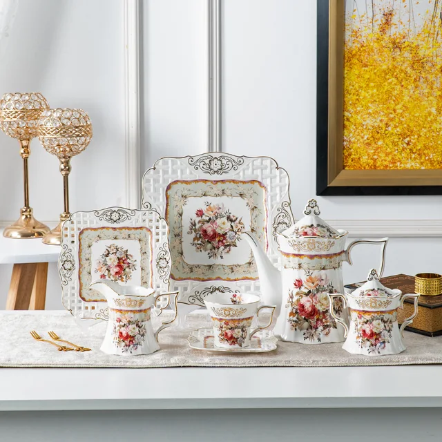 Embossed modern new bone china fancy cup flower 24pcs coffee tea set porcelain
