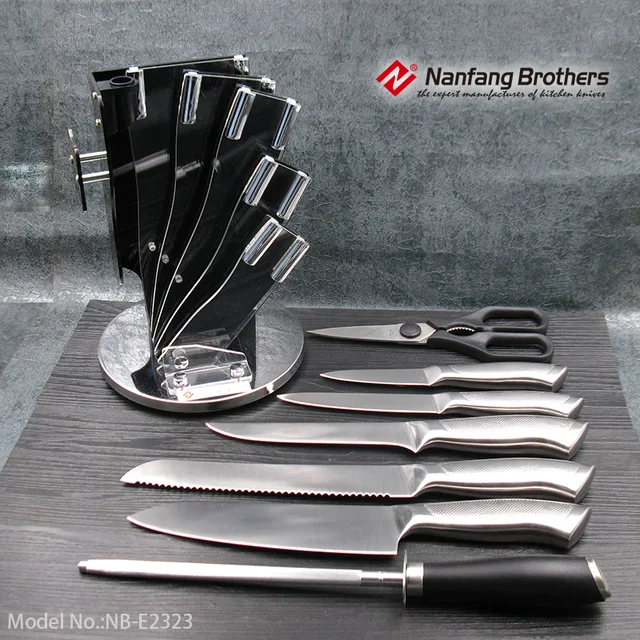 8-piece kitchen knives set with Rotating Acrylic block & SS hollow handle.