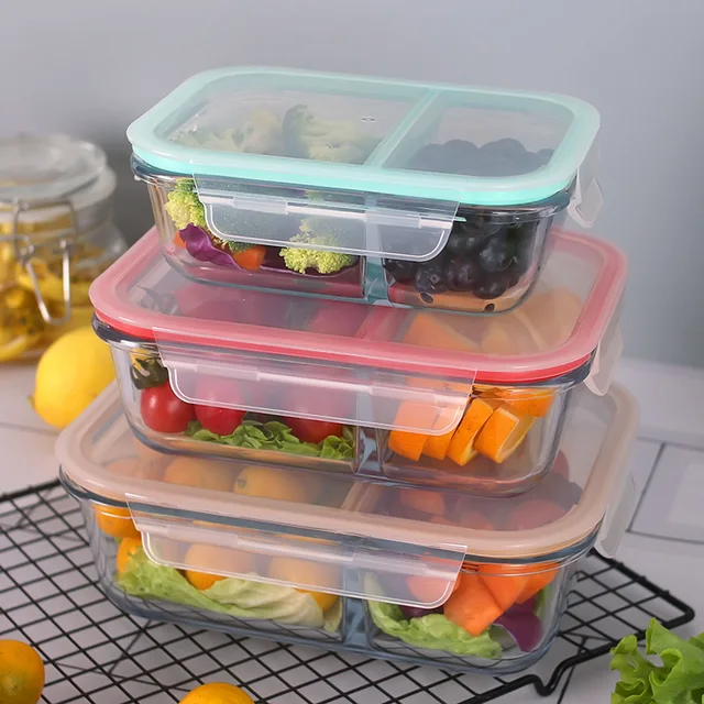 Glass food storage container glass bento box with 2 compartments with PP lock lid