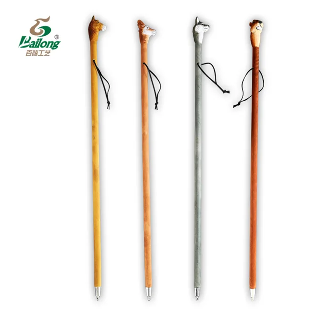 Factory Custom Painted Wooden Carved Animal Hiking Stick With Metal Tip