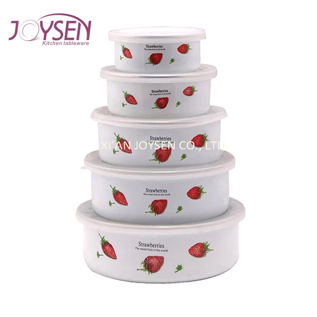 Enamel storage bowl set Plain color with print, flat bottom