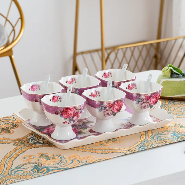 Decal Flower shape ceramic icecream cup with spoon set