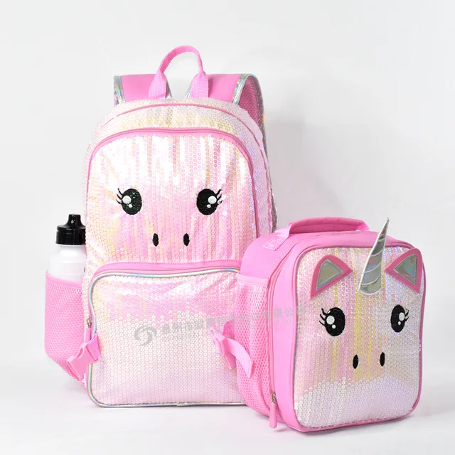 3D animal lovely sequins school bag children backpack with lunch bag