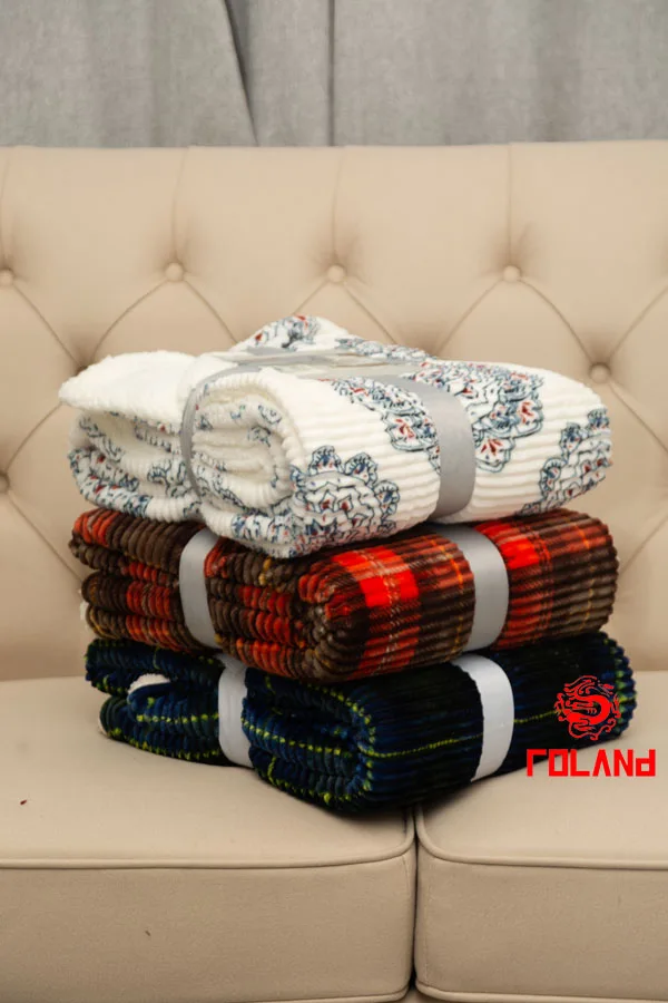 Printed Flannel With Stripe Jacquard + Sherpa Backside, 2 Layer Blanket/Throw