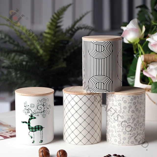 Ceramic Jar with decal and Bamboo Lid