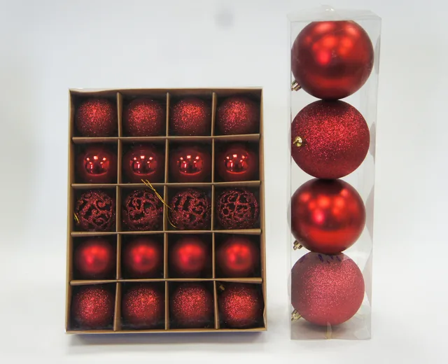 Red paper box contains the Christmas balls
