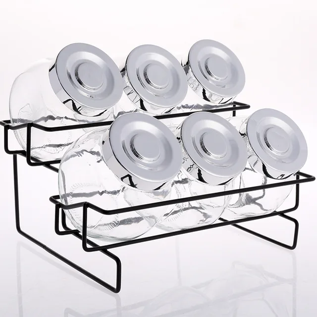 Glass bottle, round glass jar, glass canister with metal stand