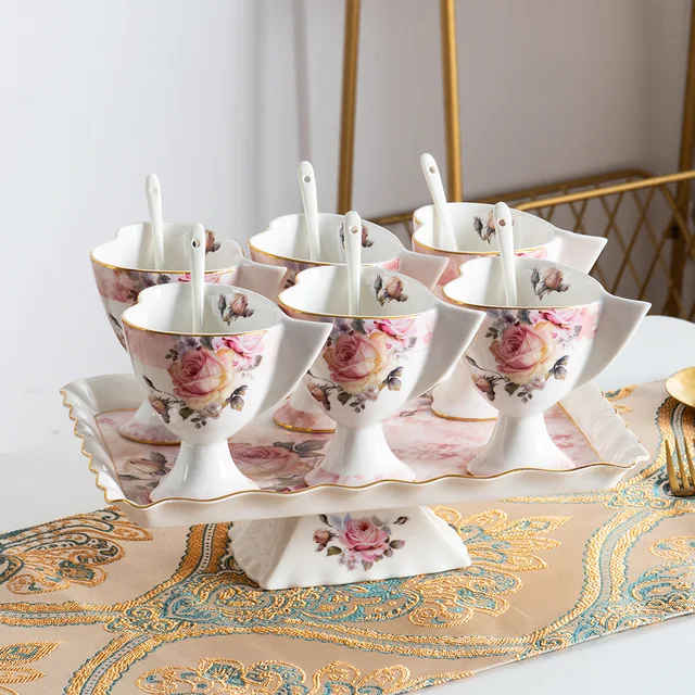 Decal Flower shape ceramic icecream cup with spoon set