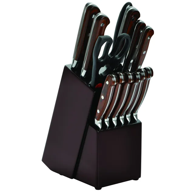 AH09-P 14pcs red pakka wood handle kitchen knife set