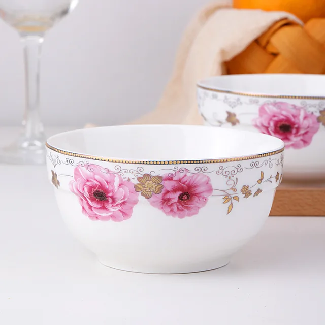 Red flower decal new bone china bowl ceramic edge bowl deep bowl soup bowl