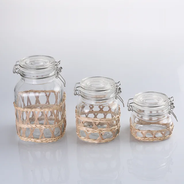 Straw plaiting glass lid zinc clip glass canister
