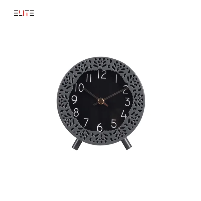6-inch metal table clock with decorative pattern on the case