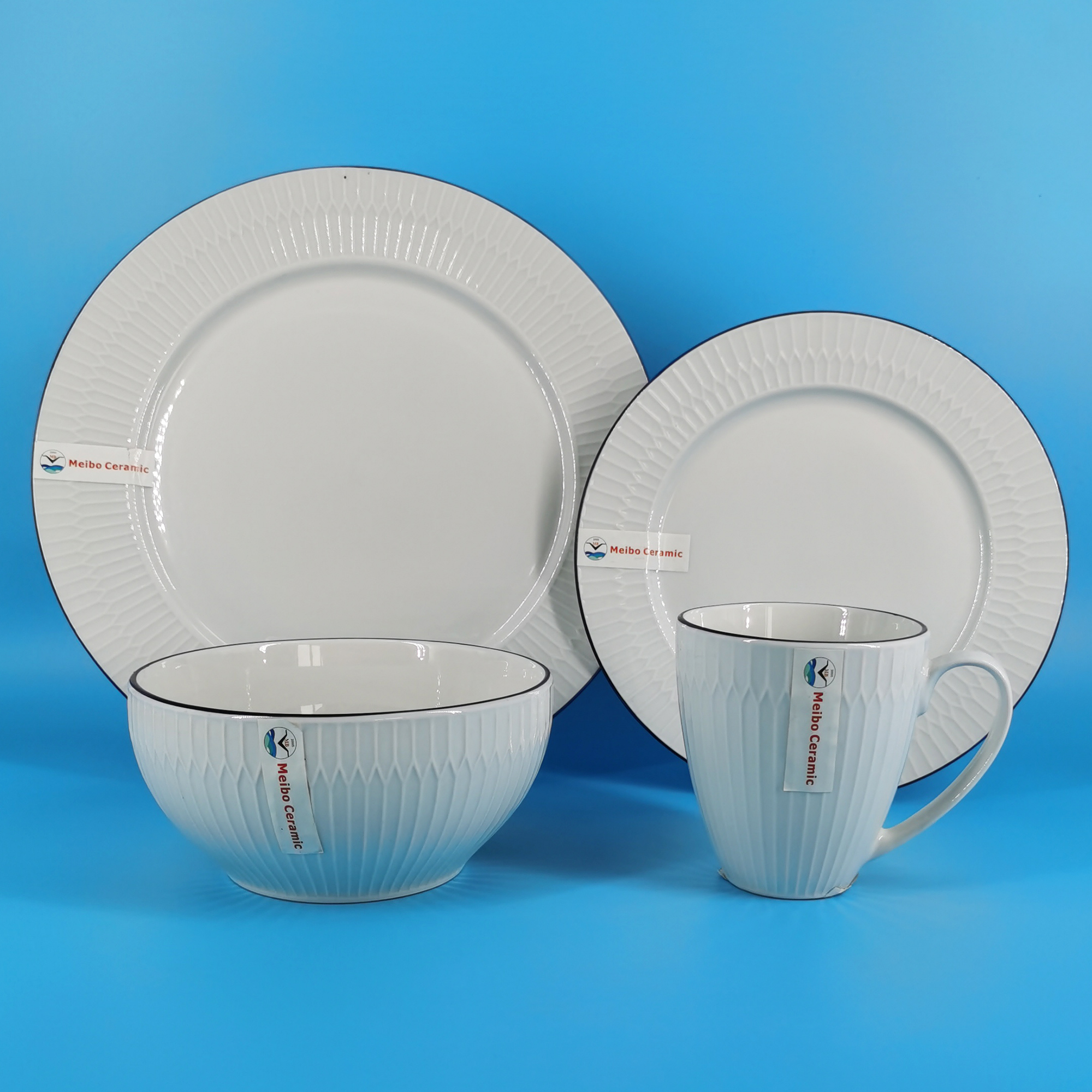 Rhombus embossed with blue rim 16pc porcelain dinner set