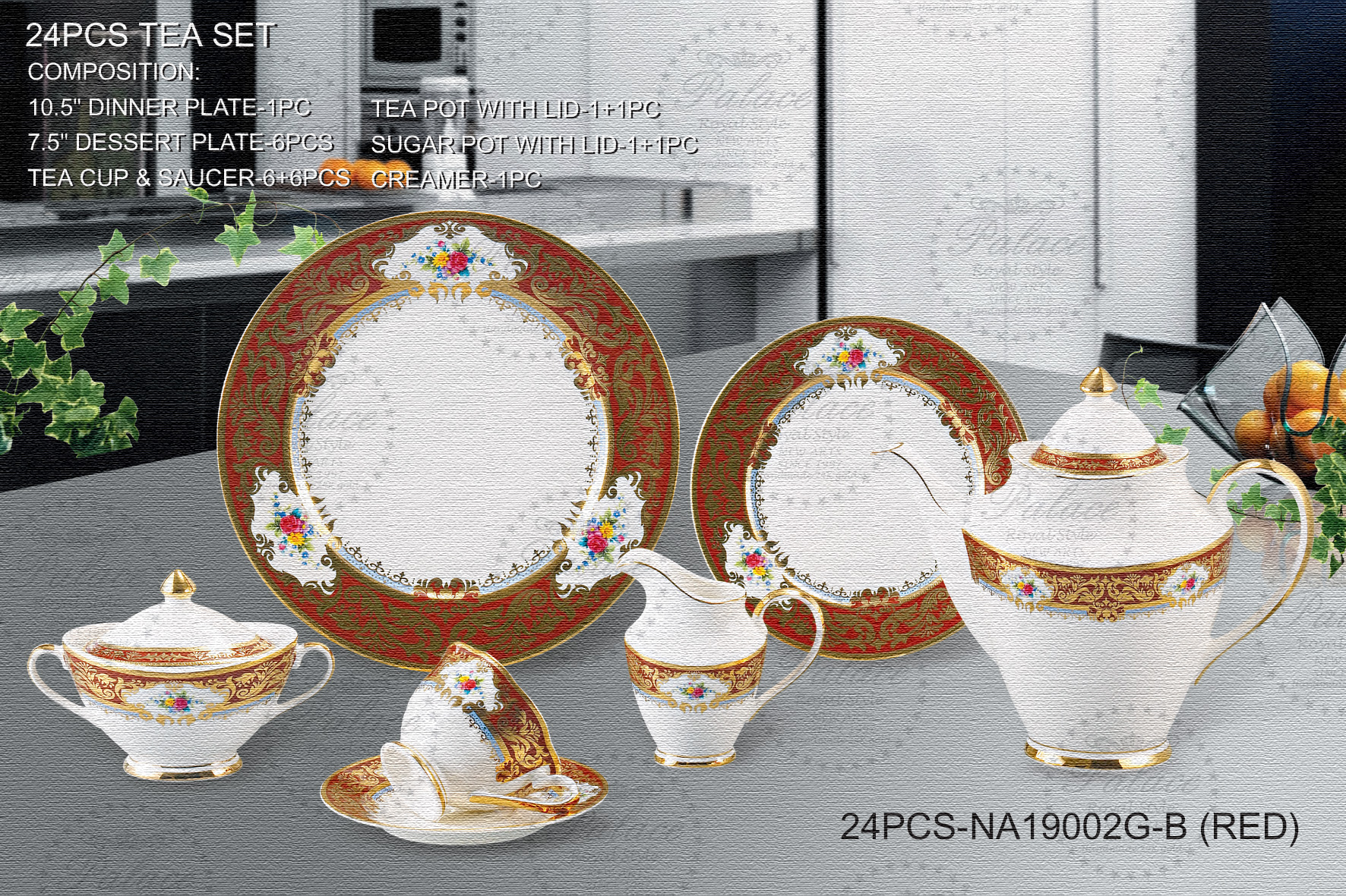 Embossed Gold New Bone China 24pcs Tea Set