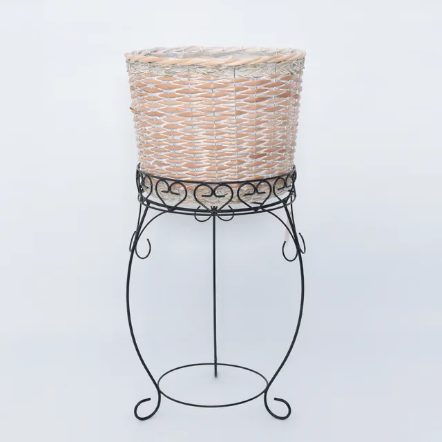 Knockdown white round wire flower shelf willow basket pot storage basket