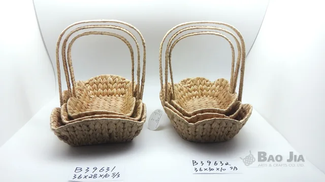 Set of 3 water hyacinth flower basket with high handle