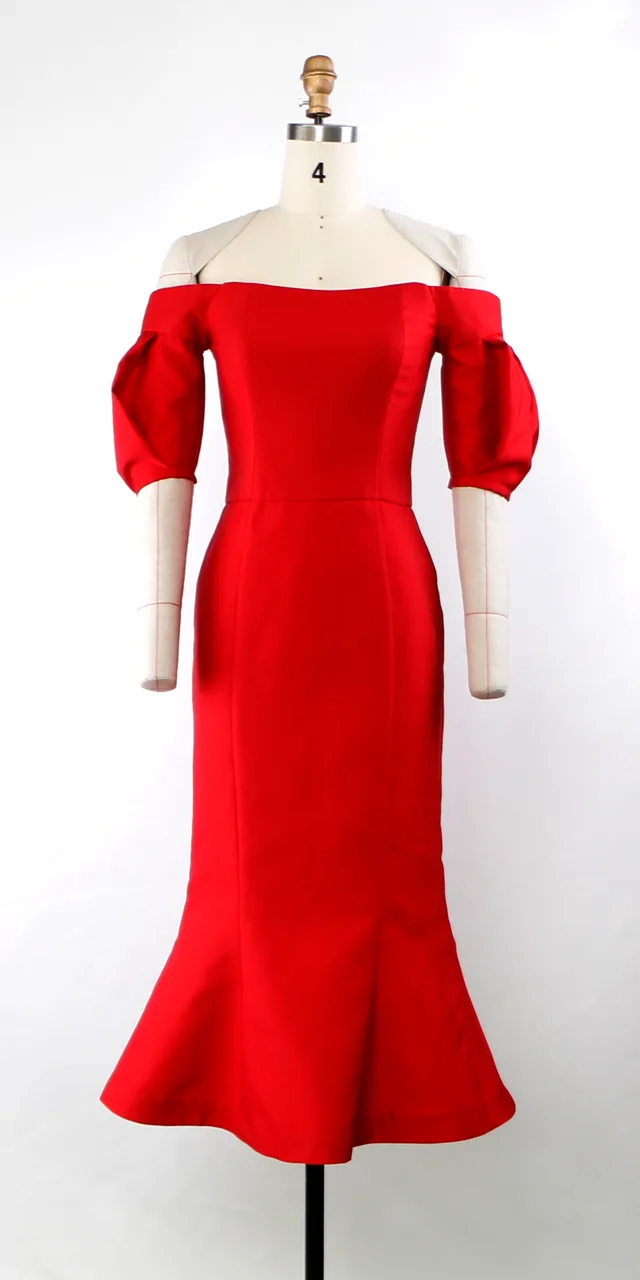Women's Off The Shoulder pleating Sleeve Mikado Evening Party Bodycon Mermaid Skirt Midi Dress