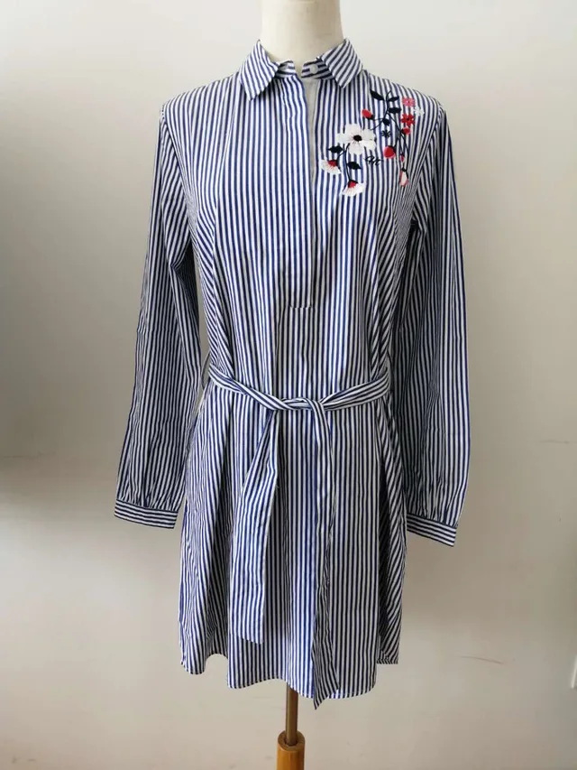 Women woven poplin shirt dress，ladies shirt dress, embroidery shirt dress