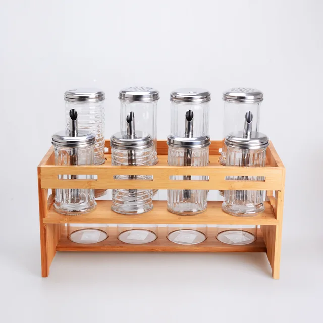 Spice Rack with Clear Glass Spice Jar Set on wood stand and bamboo cradle