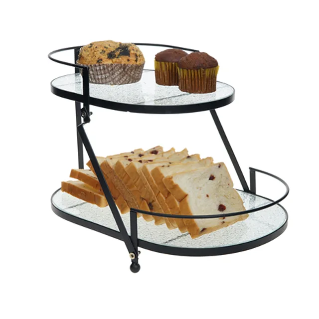3pcs 2-tier glass dessert serving dishes with black rack display