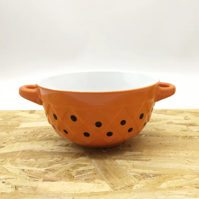 Stoneware 5.5inch double colors embossed ceramic bowl with two ears and black dots