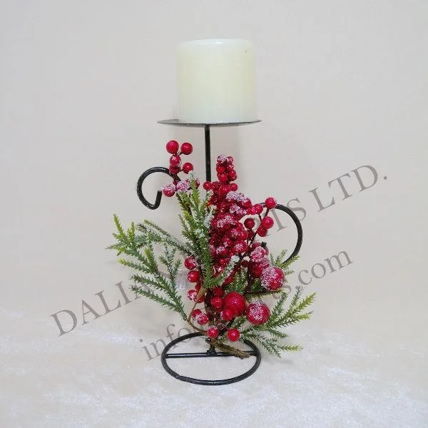 Iced Pine W/Red Berry Candle Holder*green/Red*25cm