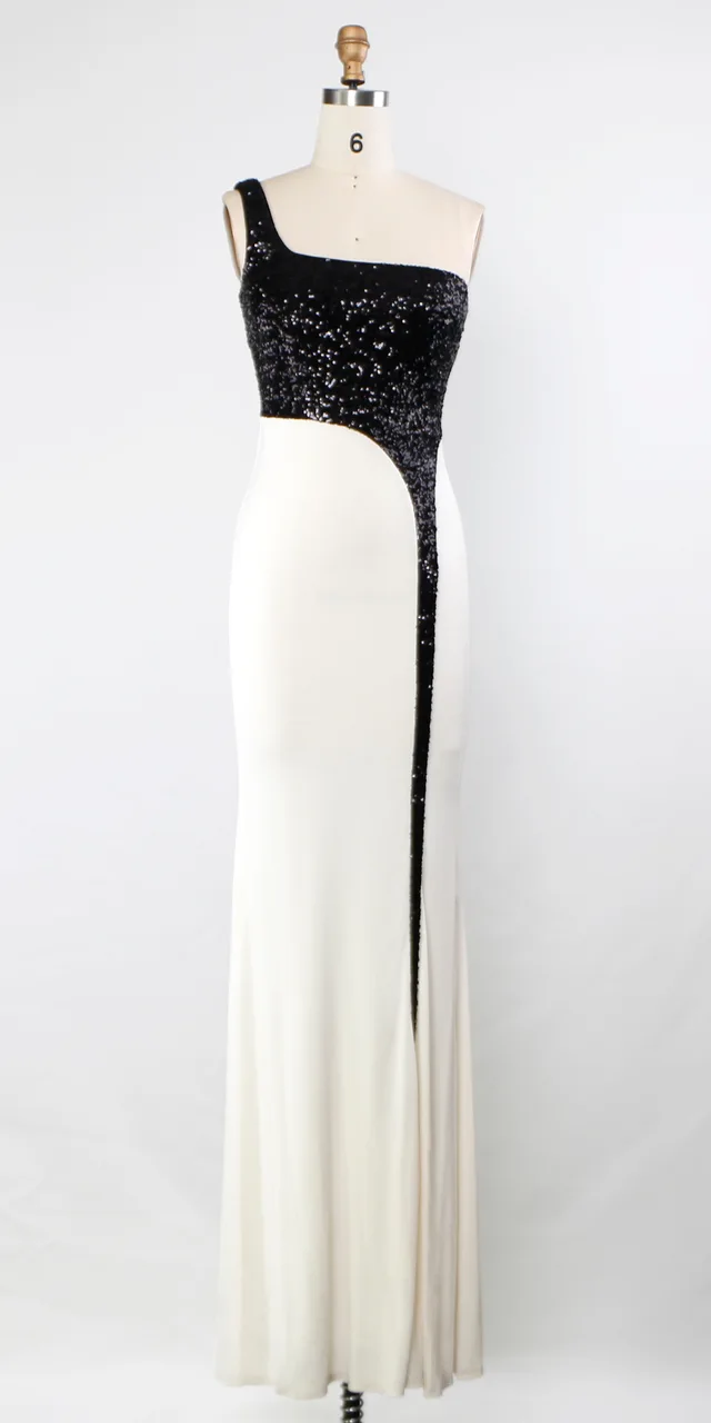 Women's One Shoulder Crepe Gown With All-Over Sequined Bodice Evening Dress